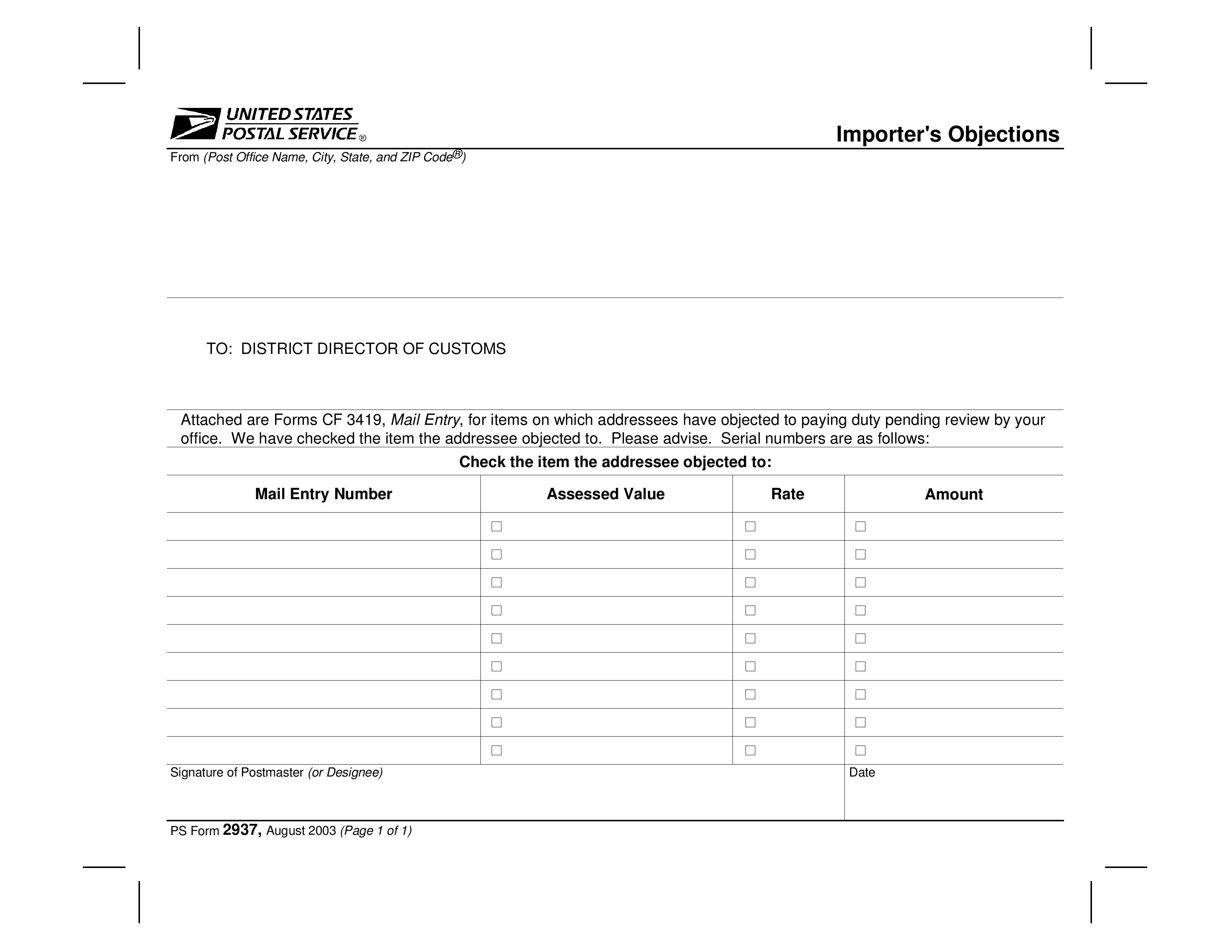 PS Form 2937 Front