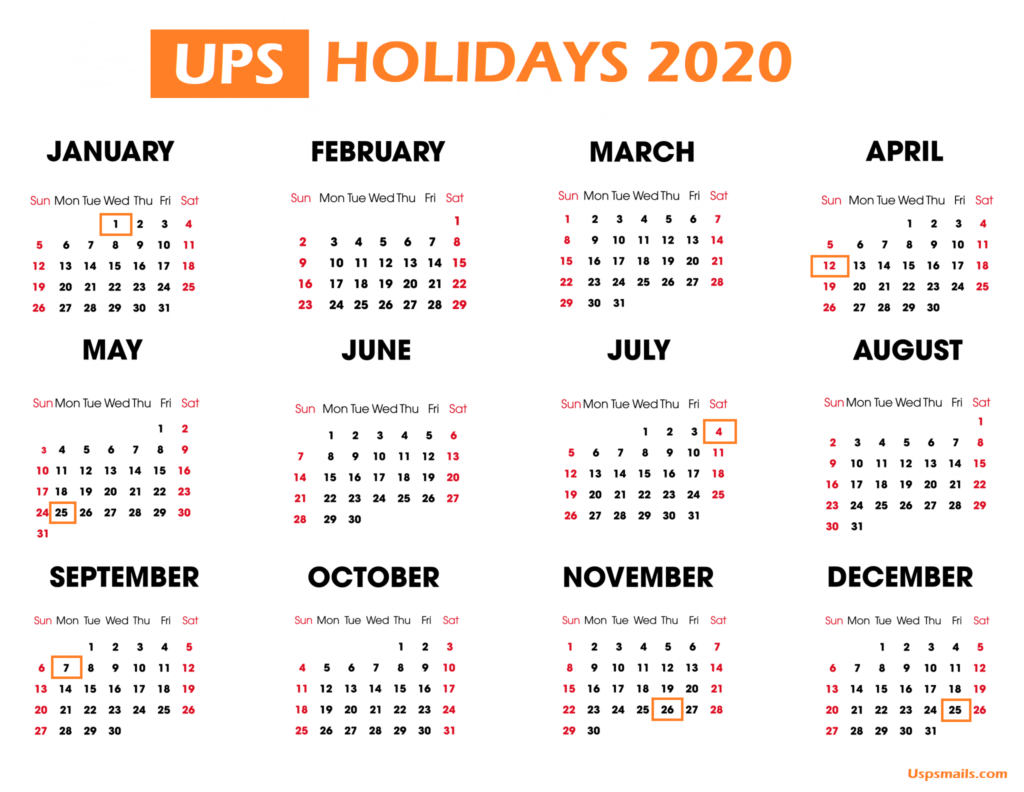 ups holidays 2020 calender