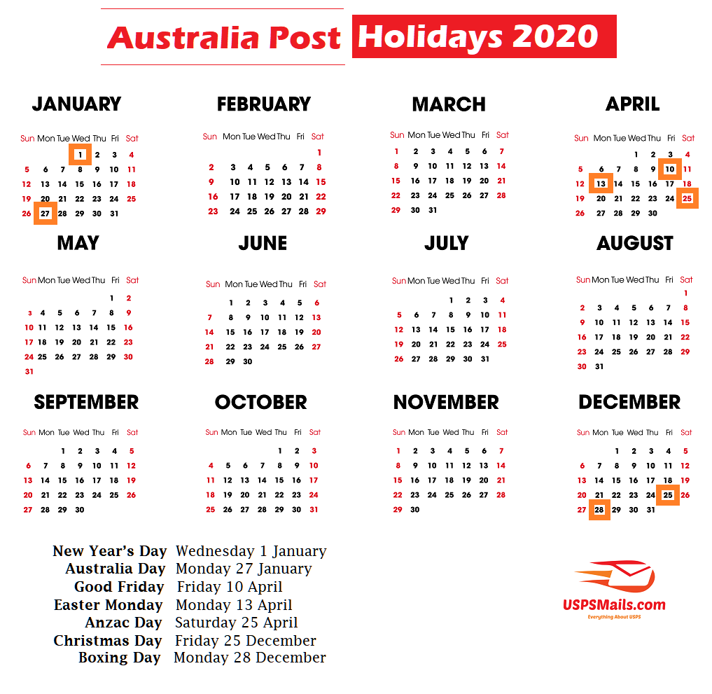 australia post holidays 2020 calander